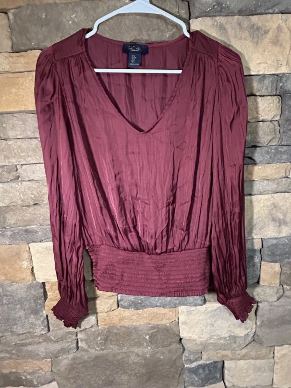 Rachel Maroon Long Sleeve Smocked Waist and Cuffs Blouse